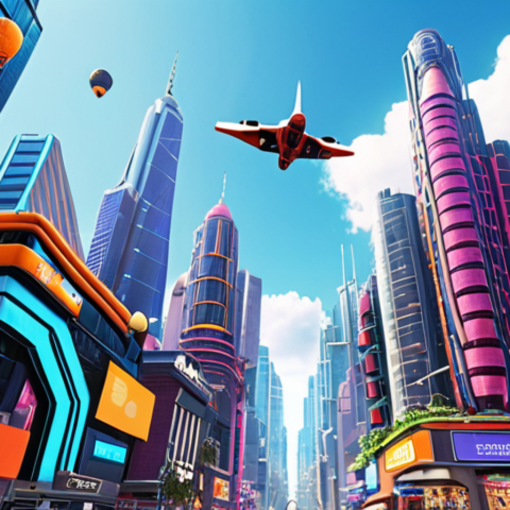 A vibrant metaverse city with towering virtual skyscrapers, bustling digital avatars shopping at virtual stores, and flying vehicles weaving through the sky, showcasing the potential of virtual real estate.