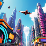 A vibrant metaverse city with towering virtual skyscrapers, bustling digital avatars shopping at virtual stores, and flying vehicles weaving through the sky, showcasing the potential of virtual real estate.