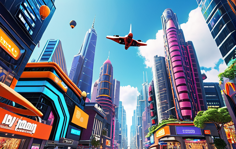 A vibrant metaverse city with towering virtual skyscrapers, bustling digital avatars shopping at virtual stores, and flying vehicles weaving through the sky, showcasing the potential of virtual real estate.