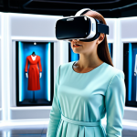 A professional young woman, fully clothed in modest, appropriate attire, wearing a sleek virtual reality headset, stands in a futuristic, bright virtual fashion showroom. Her virtual avatar is shown trying on an elegant business dress, interacting with holographic displays that showcase fabric textures and garment details. The scene emphasizes seamless interaction and immersive product exploration. Professional photography, cinematic lighting, vibrant colors, ultra-realistic, detailed, 8K, safe for work, appropriate content, family-friendly, perfect anatomy, correct proportions, natural pose, well-formed hands, proper finger count, natural body proportions.