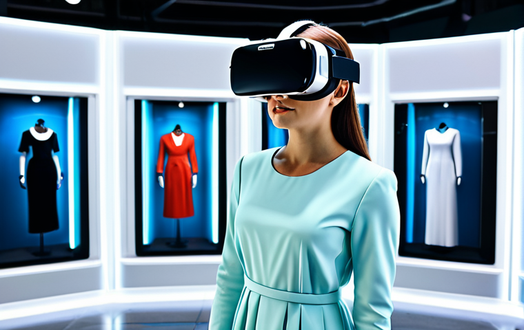 A professional young woman, fully clothed in modest, appropriate attire, wearing a sleek virtual reality headset, stands in a futuristic, bright virtual fashion showroom. Her virtual avatar is shown trying on an elegant business dress, interacting with holographic displays that showcase fabric textures and garment details. The scene emphasizes seamless interaction and immersive product exploration. Professional photography, cinematic lighting, vibrant colors, ultra-realistic, detailed, 8K, safe for work, appropriate content, family-friendly, perfect anatomy, correct proportions, natural pose, well-formed hands, proper finger count, natural body proportions.